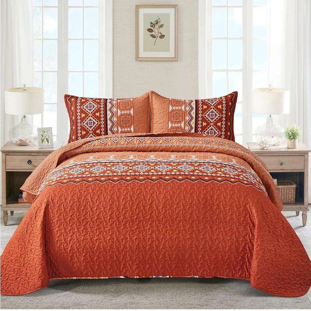 King Size Orange Quilt Set Geometric Pattern - Picture 2 of 8